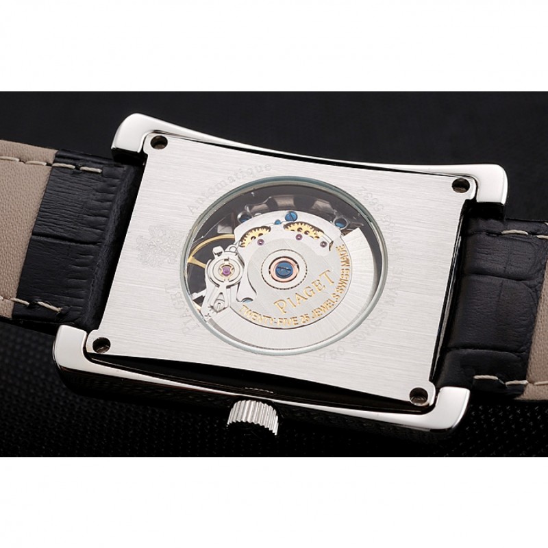 Swiss Piaget Emperador Tourbillon Skeleton Silver Diamond Case Black Leather Bracelet 1453943-6