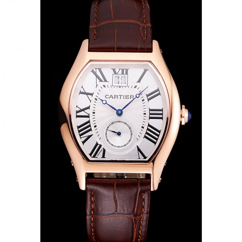 Cartier Tortue Large Date White Dial Gold Case Brown Leather Strap-1