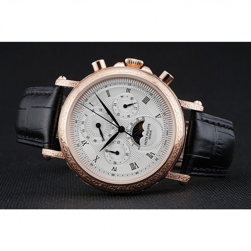 SS Replica Watches Patek Philippe Grand Complications White Dial Engraved Rose Gold Case Black Leather Bracelet 1454144-3