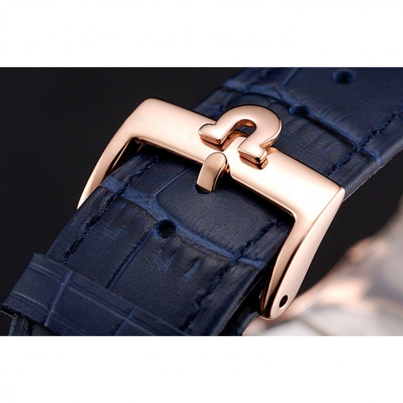 AAA Replica Watches Omega Chronograph White Dial Rose Gold Case Blue Leather Strap-5