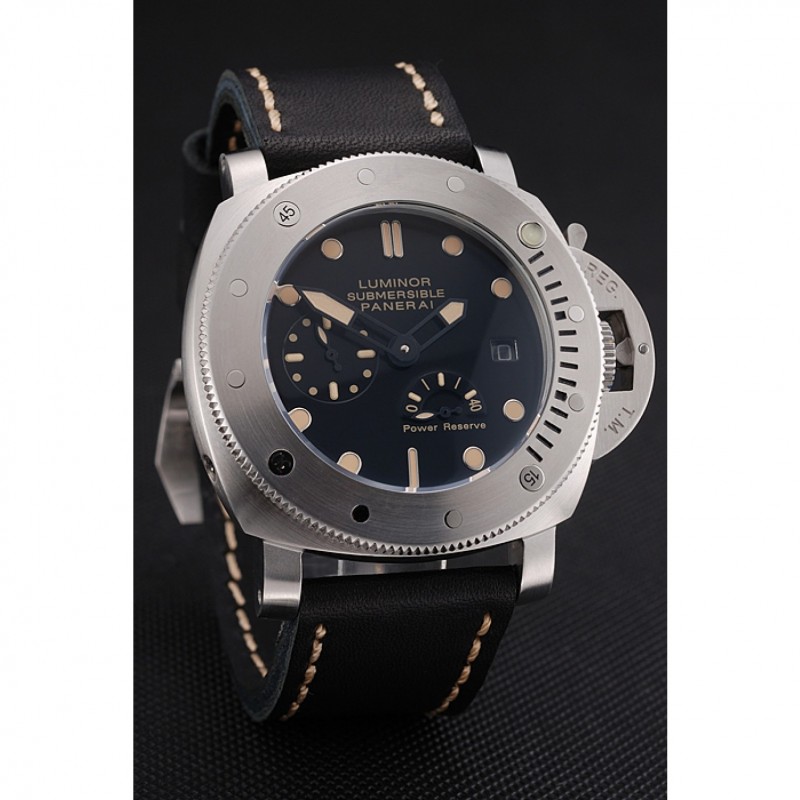 Panerai Luminor Submersible Black Dial Stainless Steel Case Black Leather Strap-2