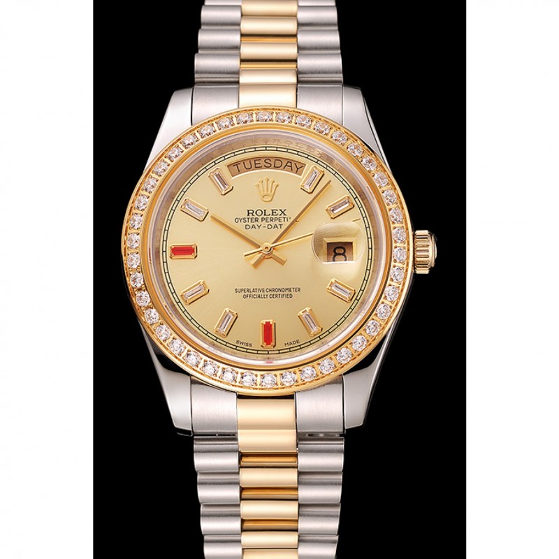 Swiss Rolex Day-Date Diamonds And Rubies Champagne Dial Two Tone Bracelet 1454104-1