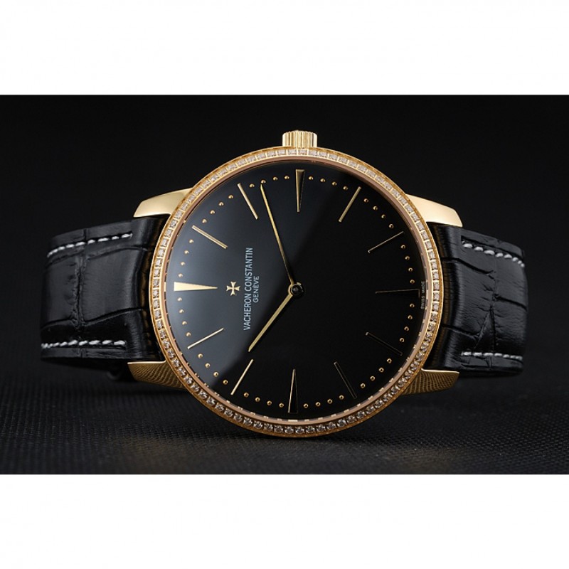 Swiss Vacheron Constantin Patrimony Grand Taille Black Dial Gold Diamond Case Black Leather Bracelet 1454183-3
