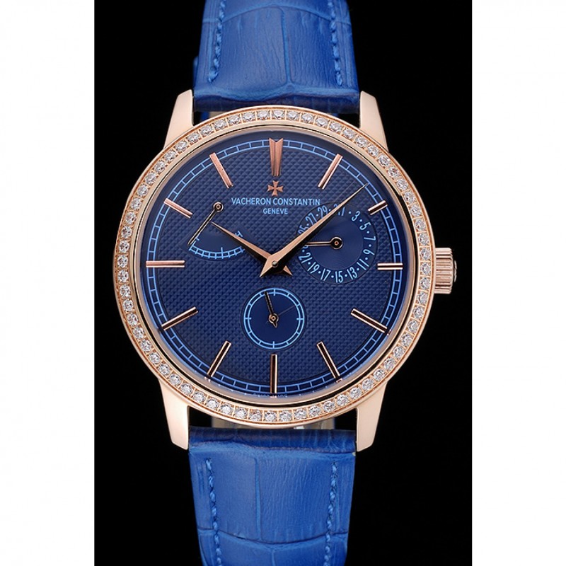 Vacheron Constantin Patrimony Power Reserve Blue Dial Gold Diamond Case Blue Leather Bracelet 1454270-1