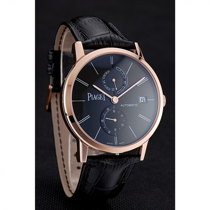 Piaget Altiplano Date Black Dial Rose Gold Case Black Leather Strap-2