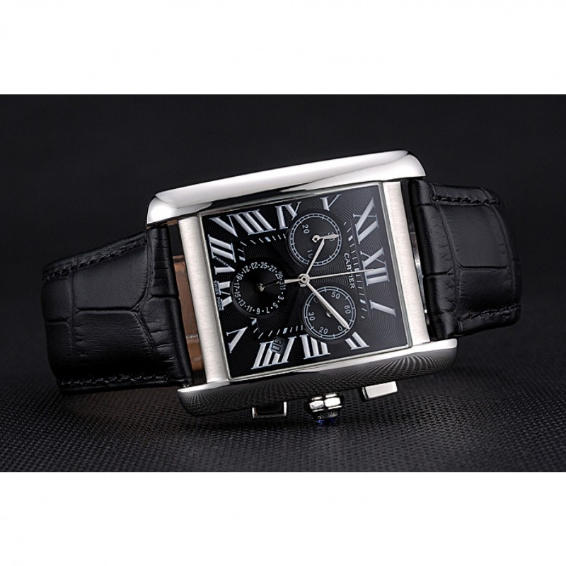 High Quality Replica Watches Cartier Tank MC Black Dial Stainless Steel Case Black Leather Bracelet 622690-3