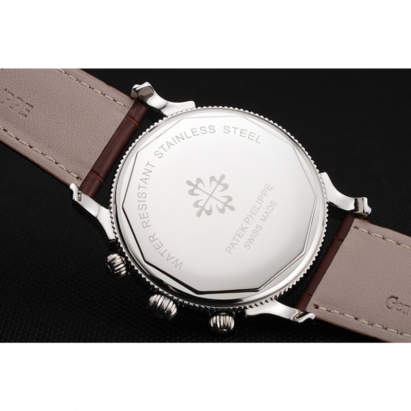 Patek Philippe Chronograph Black Dial With Diamonds Stainless Steel Case Brown Leather Strap-7