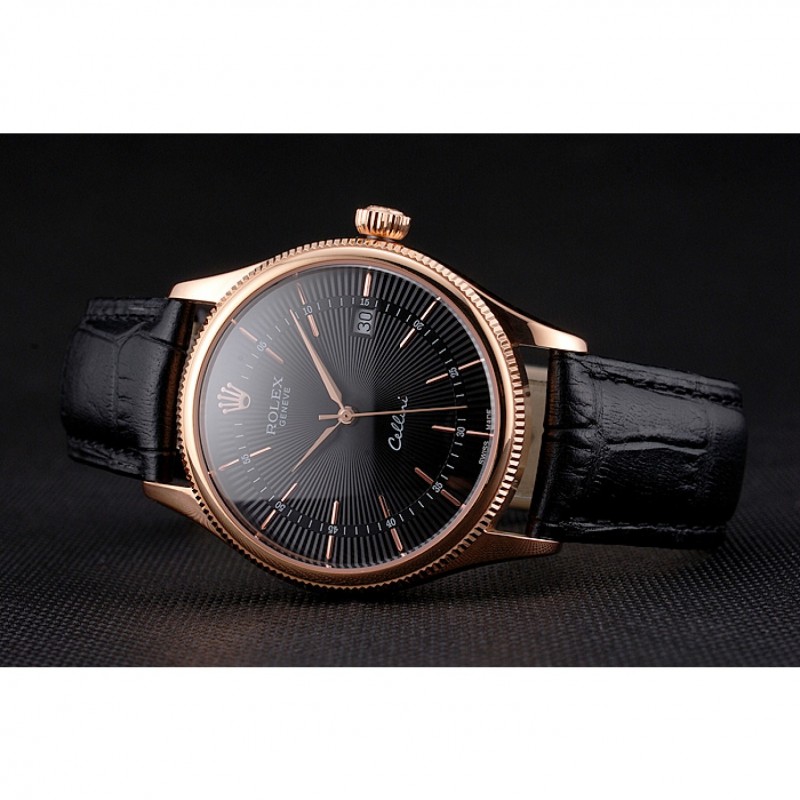 AAA Replica Watches Swiss Rolex Cellini Date Black Dial Rose Gold Markings Rose Gold Case Black Leather Strap-4