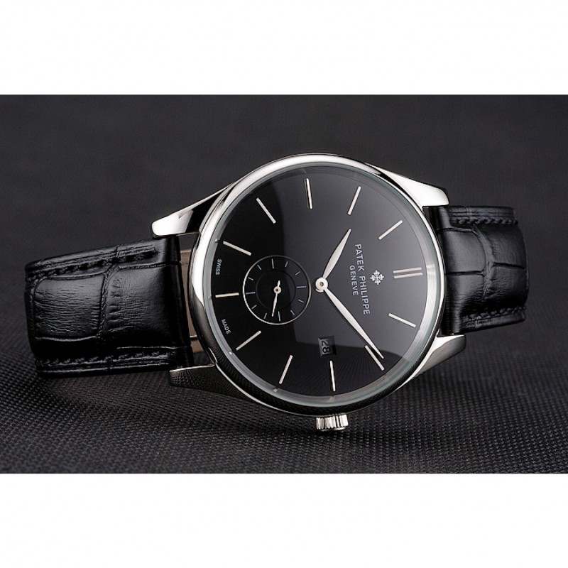 Best Replica Watches Patek Philippe Calatrava Date Black Dial Stainless Steel Case Black Leather Strap-3