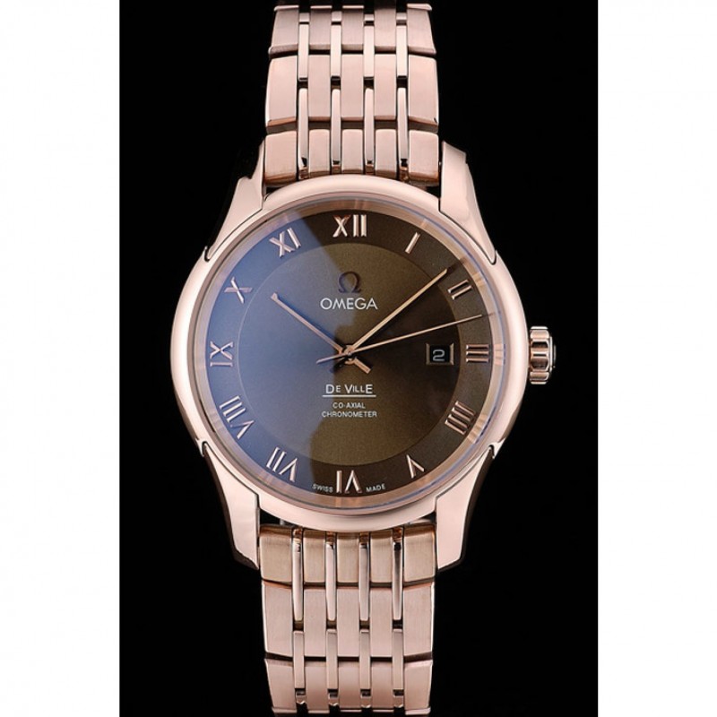 Best Replica Watches Omega Swiss DeVille Rose Gold Bezel Roman Numbers Brown Dial 7610-1