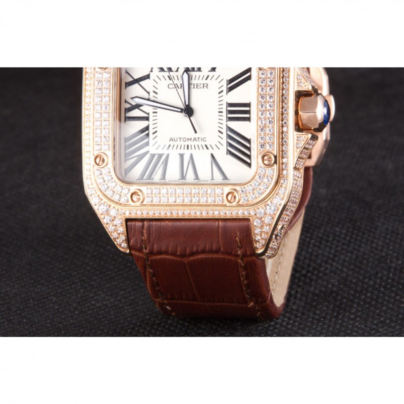 Swiss Cartier Santos Rose Gold Bezel with Diamonds and Brown Leather Strap sct46 621530-7