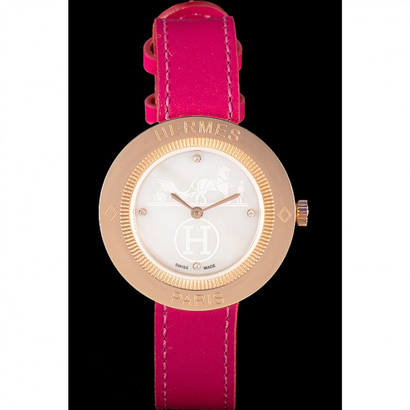 Hermes Classic MOP Dial Magenta Leather Bracelet 801388-1