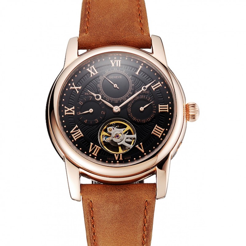 Best Patek Philippe Grand Complications Day Date Tourbillon Black Dial Rose Gold Case Brown Suede Leather Strap 1453814-0
