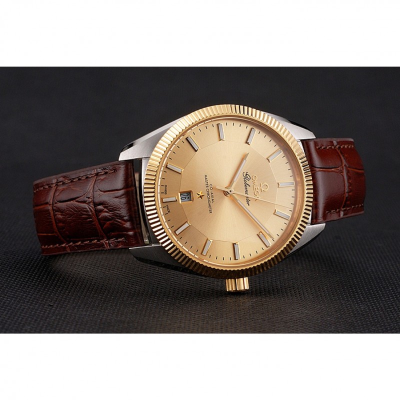 Omega Globemaster Gold Dial And Bezel Stainless Steel Case Brown Leather Strap-3