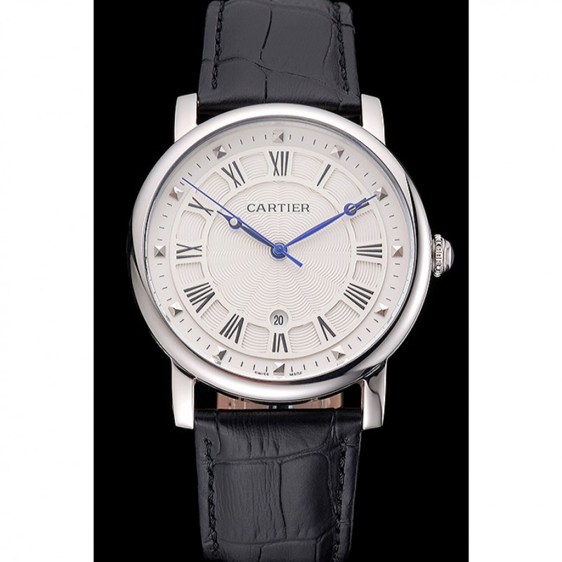 Cartier Rotonde Date White Dial Stainless Steel Case Black Leather Strap-1