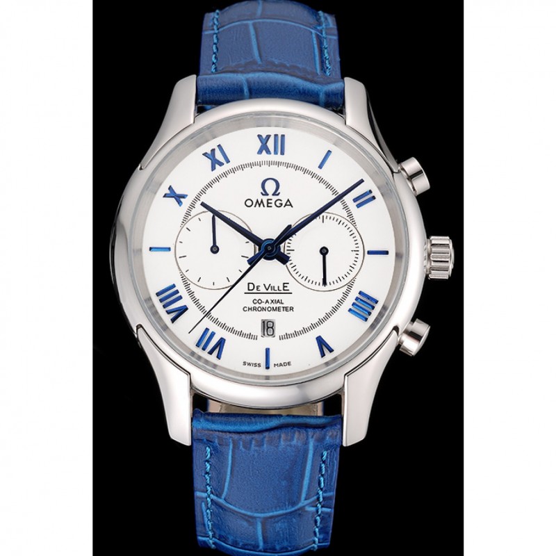 AAA Omega DeVille Silver Bezel with White Dial and Blue Leather Strap 621568-1