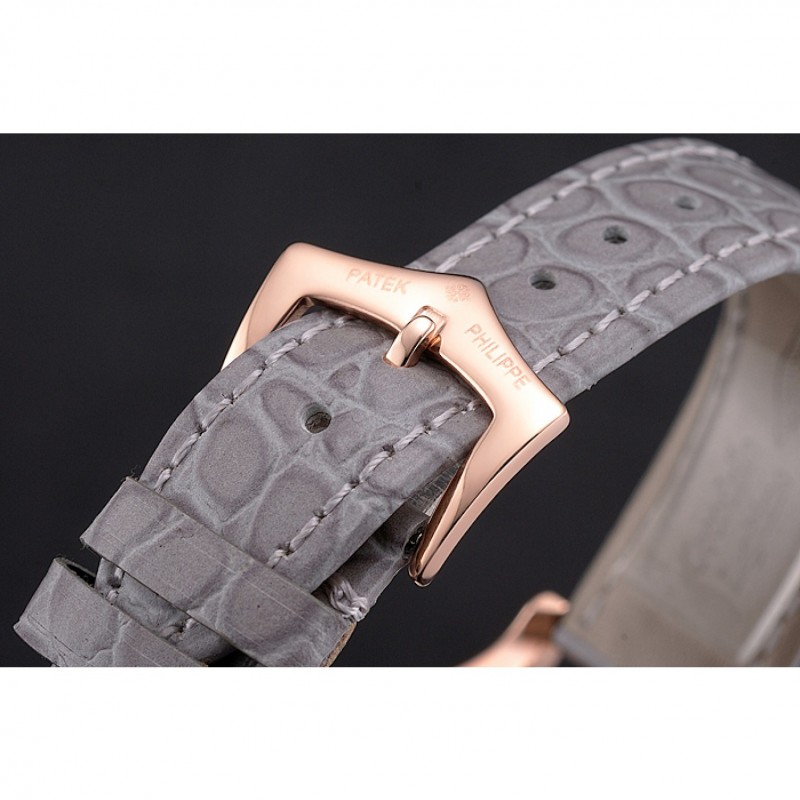 High End Replica Watches Patek Philippe Calatrava Gray Dial Diamond Markings Rose Gold Case Gray Leather Strap-5