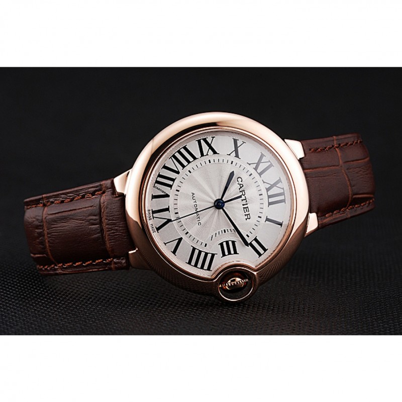 Best Replica Watches Swiss Ballon Blue De Cartier Gold Case White Dial Roman Numerals Brown Leather Bracelet 622651-3