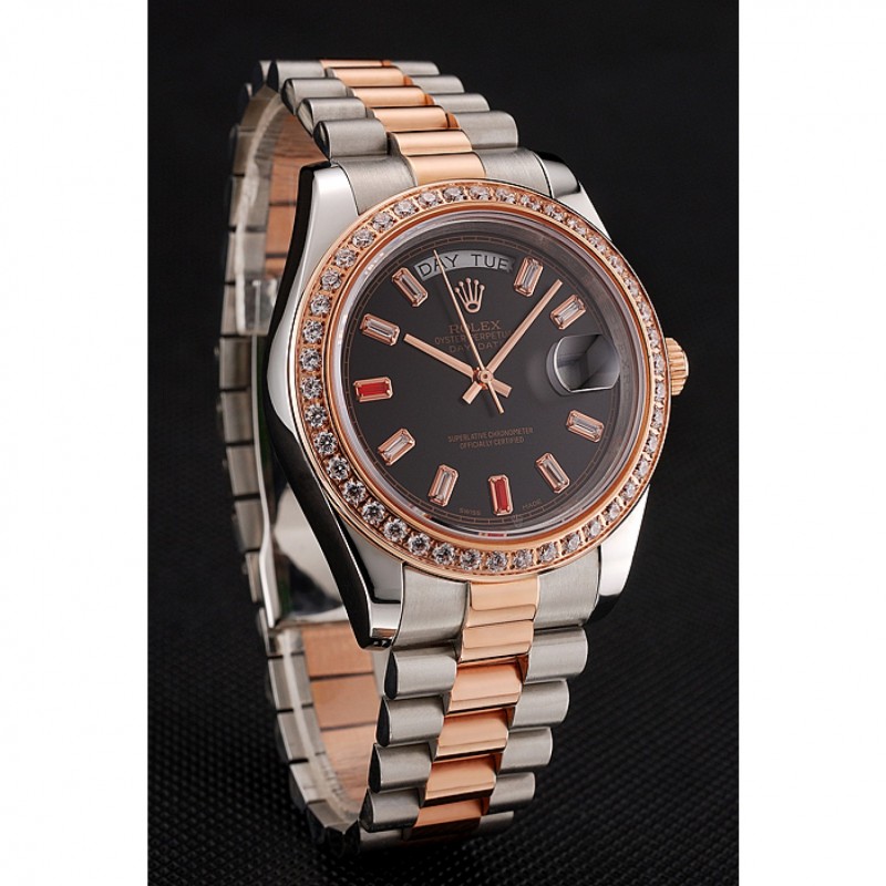 Swiss Rolex Day-Date Diamonds And Rubies Black Dial Rose Gold And Staineless Steel Bracelet 1454106-2