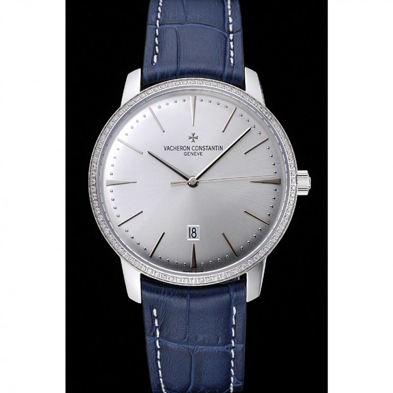 High End Replica Watches Swiss Vacheron Constantin Patrimony Silver Dial Silver Diamonds Case Blue Leather Bracelet 1454161-1