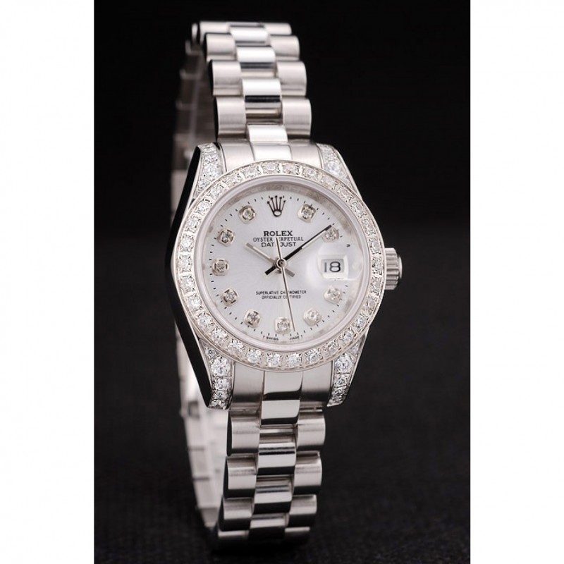 High End Replica Watches Rolex DateJust Brushed Stainless Steel Diamond Plated Case White Dial Diamond Plated Bezel-1