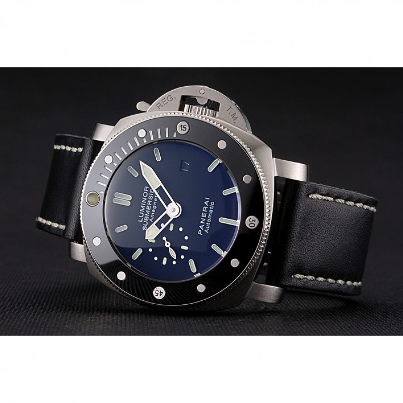 Panerai Luminor Submersible Black Dial Stainless Steel Case Black Bezel Black Leather Strap-3