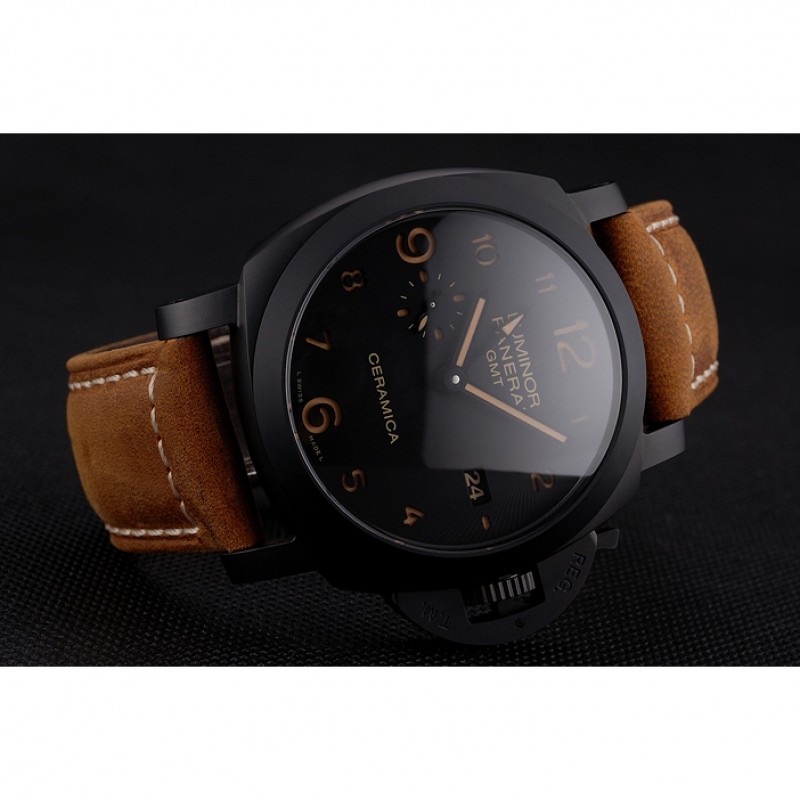 Swiss Panerai Luminor GMT Ceraica Black Dial Black Case Brown Leather Strap-3