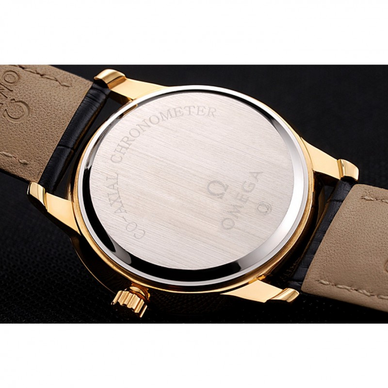 Omega De Ville Prestige White Dial Gold Case Black Leather Strap-7