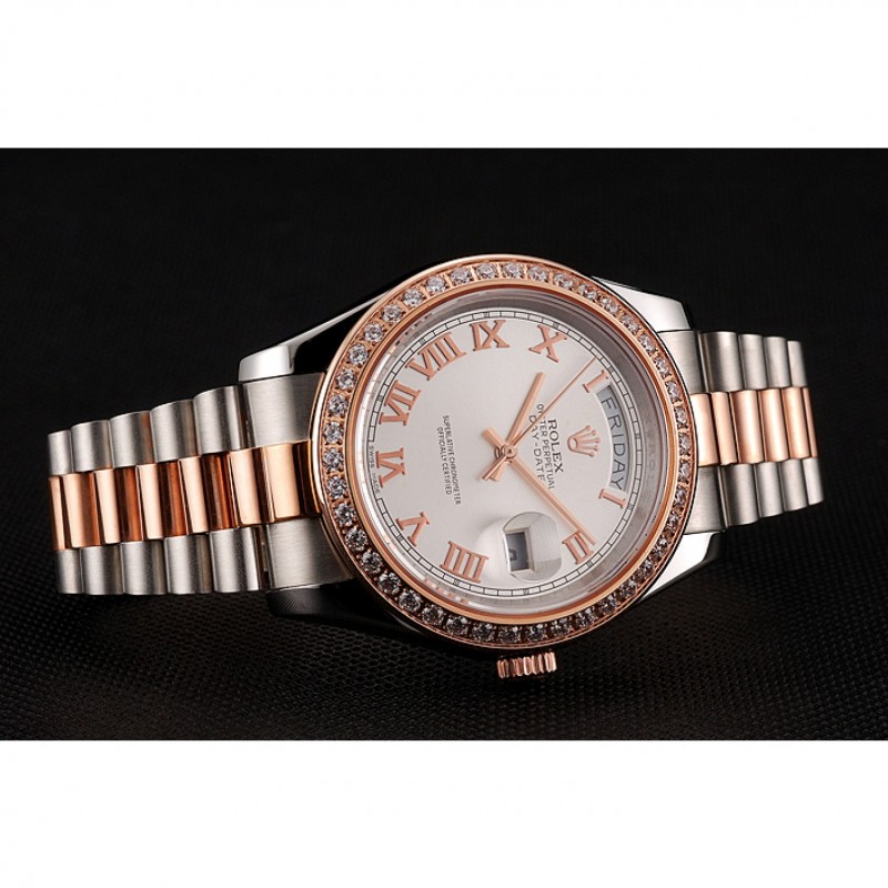 Swiss Rolex Day-Date Diamonds Bezel White Dial Rose Gold And Staineless Steel Bracelet 1454108-4