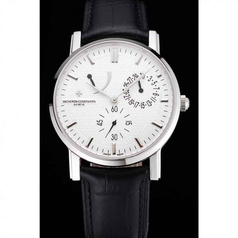 Swiss Vacheron Constantin Patrimony Quantieme Reserve De Marche Cream Dial Stainless Steel Case Black Leather Strap-1