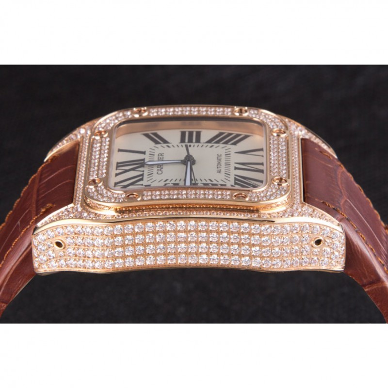 Swiss Cartier Santos Rose Gold Bezel with Diamonds and Brown Leather Strap sct46 621530-6