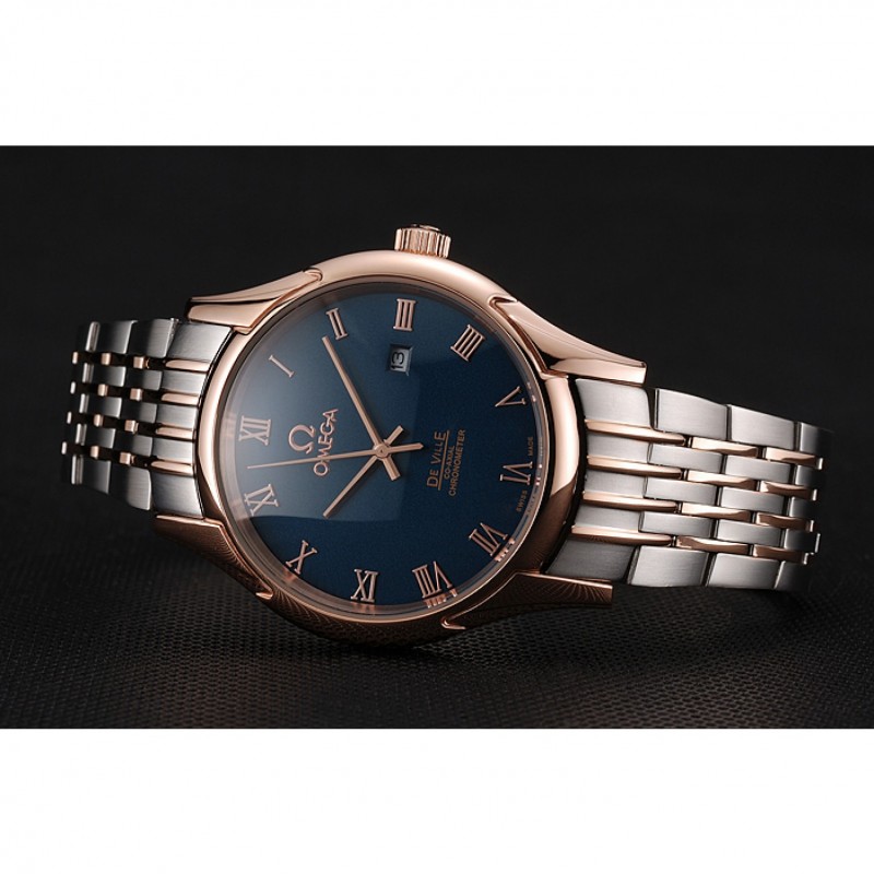 Best Replica Watches Omega De Ville Blue Dial Rose Gold Case Two Tone Bracelet 1453783-3