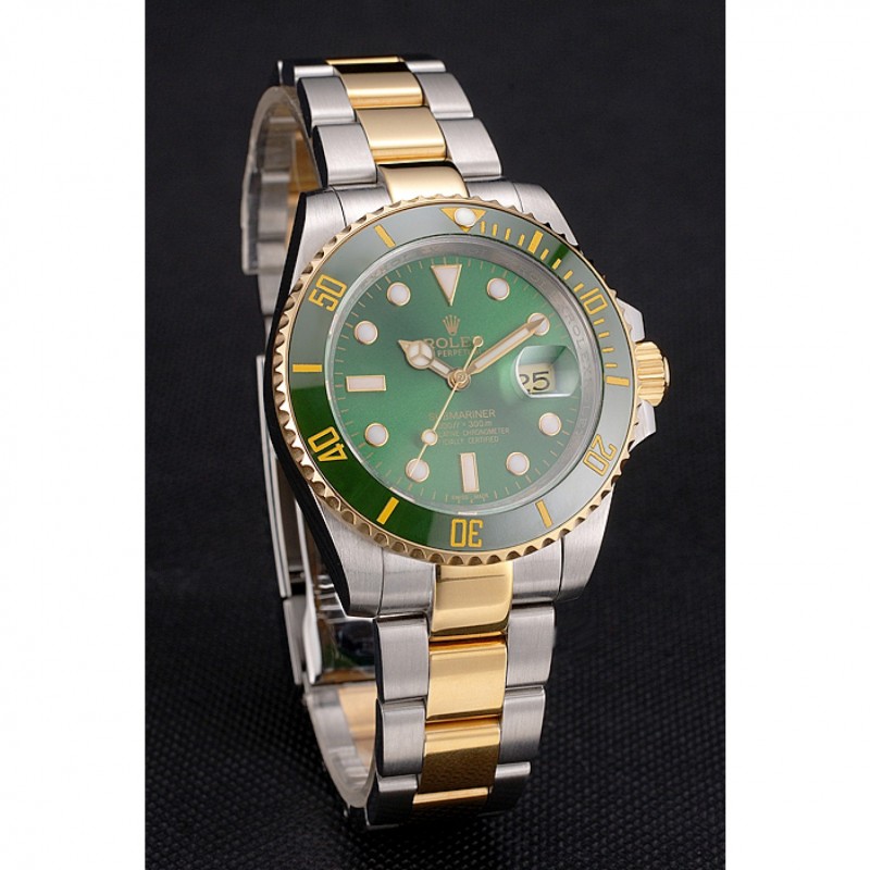 SS Replica Watches Swiss Rolex Submariner Green Dial And Bezel Two Tone Steel Gold Bracelet-2
