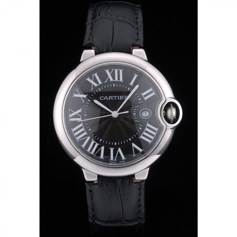 SS Cartier Ballon Bleu 42mm Black Dial Stainless Steel Case Black Leather Bracelet-1