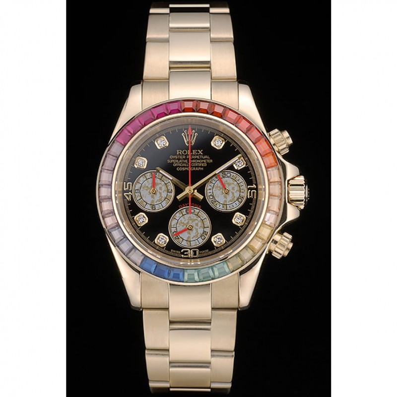 Best Replica Watches Rolex Daytona Cosmograph Rainbow Crystals Bezel Rose Gold Strap Black Dial 80251-1