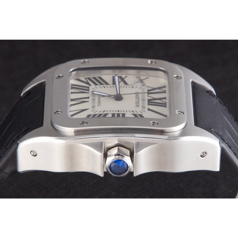 Swiss Cartier Santos Stainless Steel Bezel with Black Leather Strap 621524-5