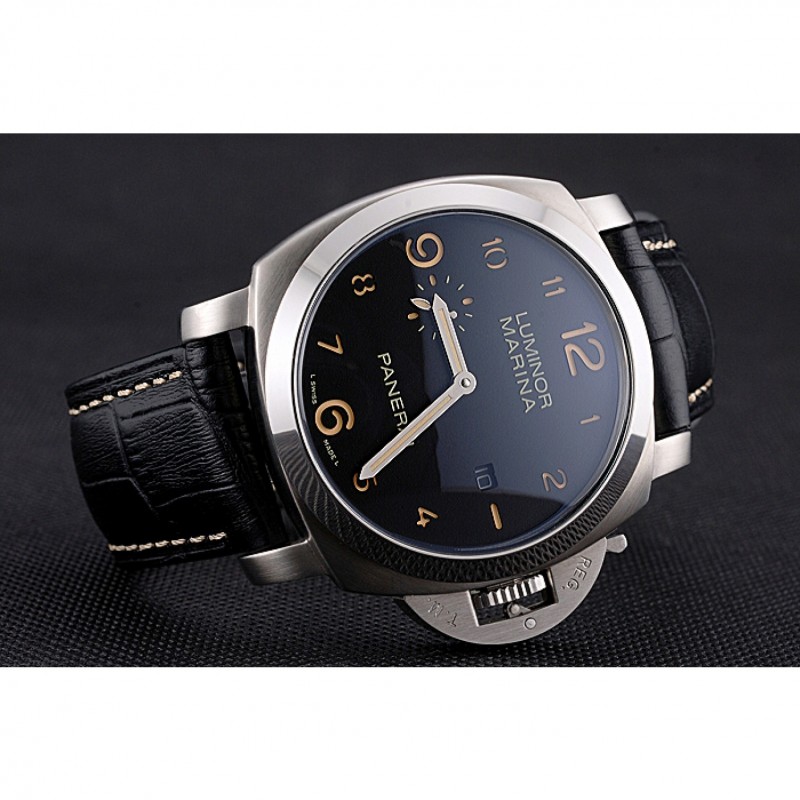 Panerai Luminor Marina 1950 Black Dial Brushed Steel Case Black Embossed Leather Strap-4