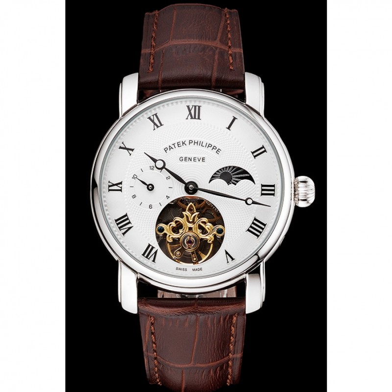 Patek Philippe Complications Moonphase Tourbillon White Dial Stainless Steel Case Brown Leather Strap-1