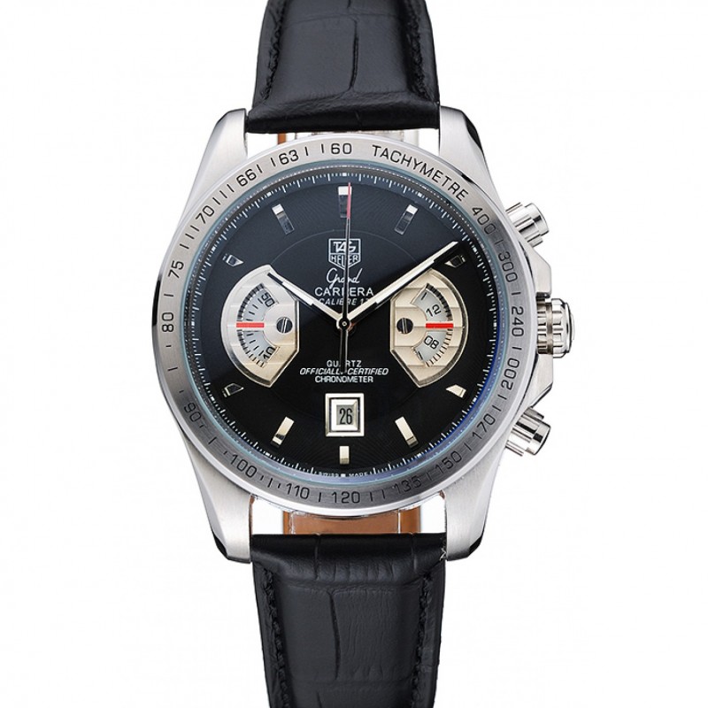 SS Tag Heuer Carrera Tachymeter Bezel Black Dial Black Leather Strap-0