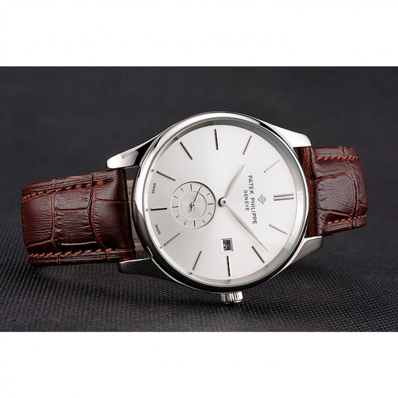 Patek Philippe Calatrava Date Silver Dial Stainless Steel Case Brown Leather Strap-4