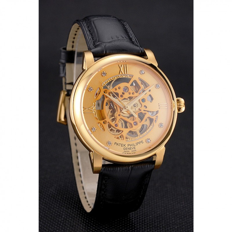 Swiss Patek Philippe Complications Openworked Dial Gold Case Black Leather Strap-2