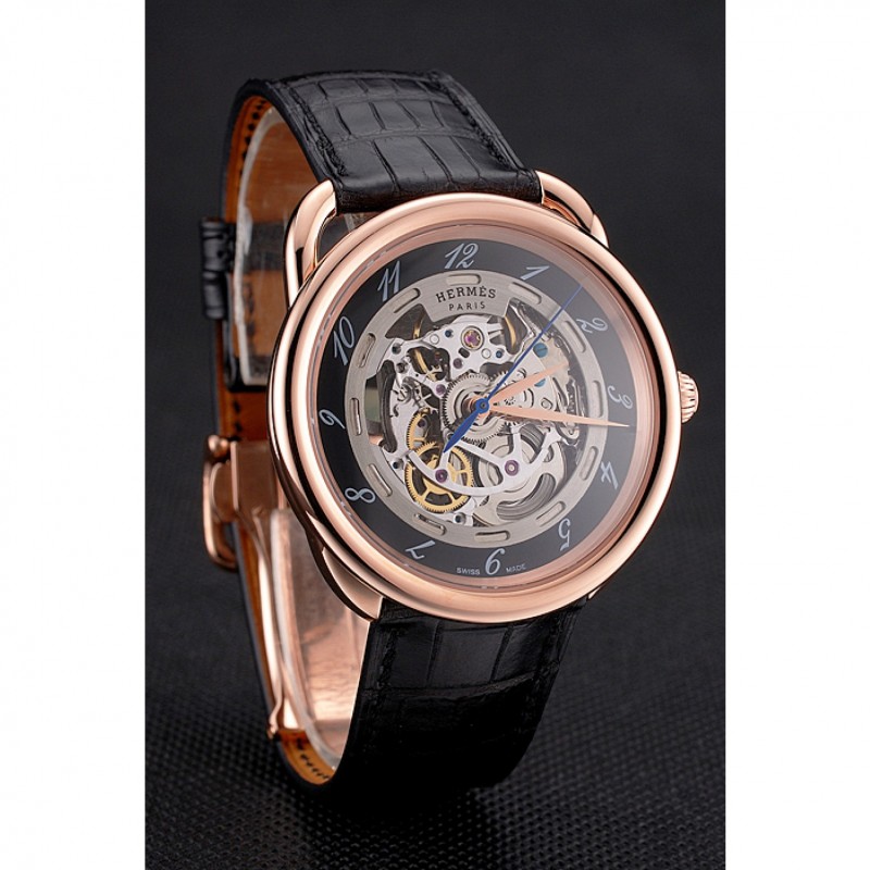 Swiss Hermes Arceau Skeleton Black Dial Brown Hands Rose Gold Case Black Leather Strap-2