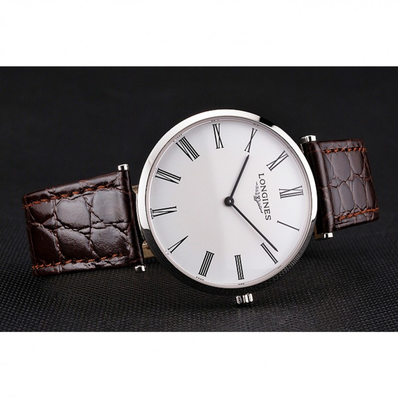 Swiss Longines Grande Classique White Dial Roman Numerals Stainless Steel Case Brown Leather Strap-4