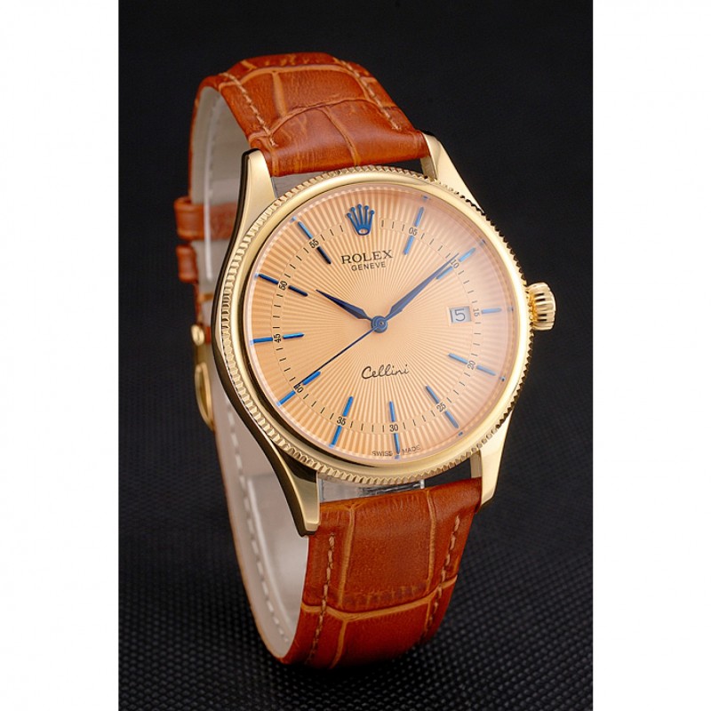 Swiss Rolex Cellini Date Gold Guilloche Dial Gold Case Light Brown Leather Strap-2