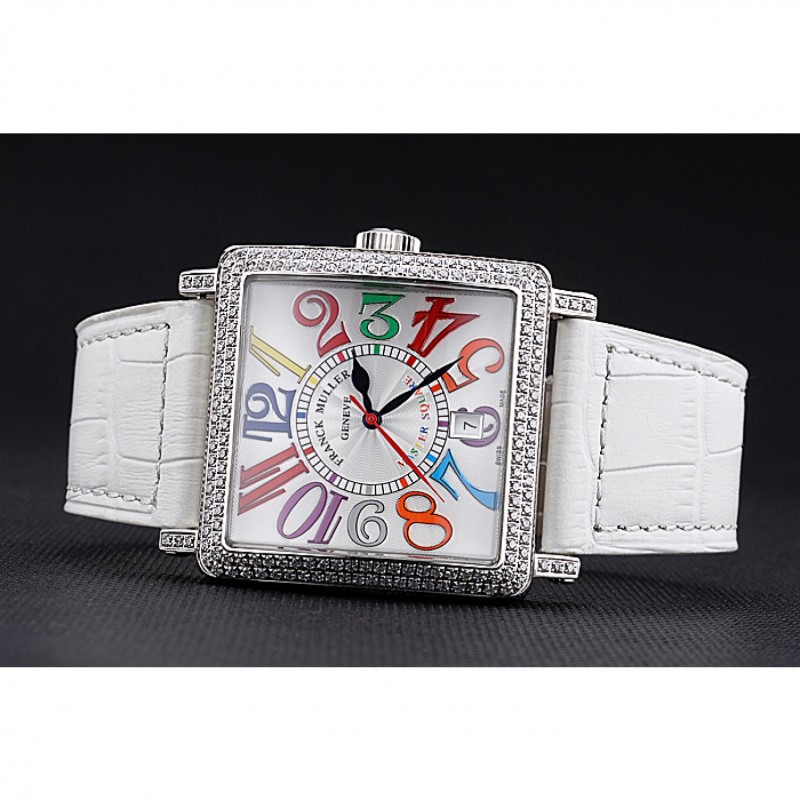 Franck Muller Master Square Color Dreams Diamonds Case White Leather Band 622356-3