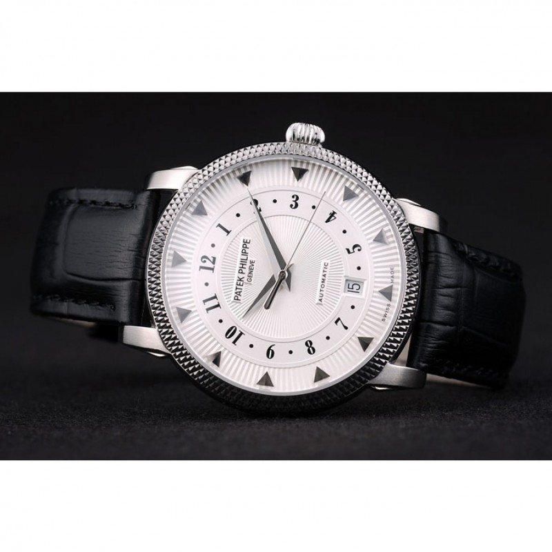 Patek Philippe Swiss Calatrava Ribbed Bezel White Dial Black Leather Strap 7657-4