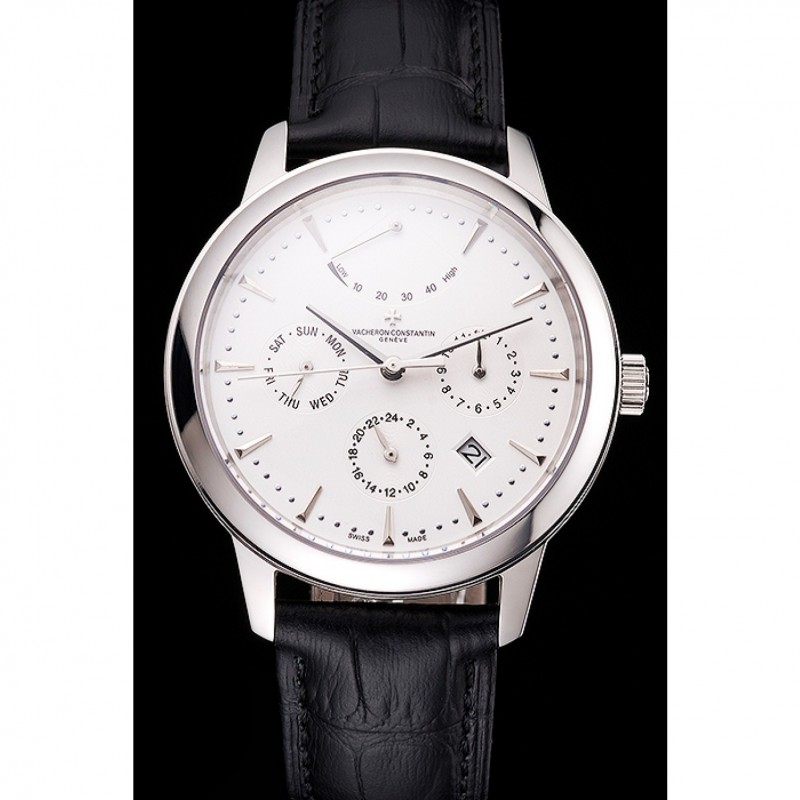 Swiss Vacheron Constantin Traditionnelle Power Reserve White Dial Stainless Steel Case Black Leather Strap-1