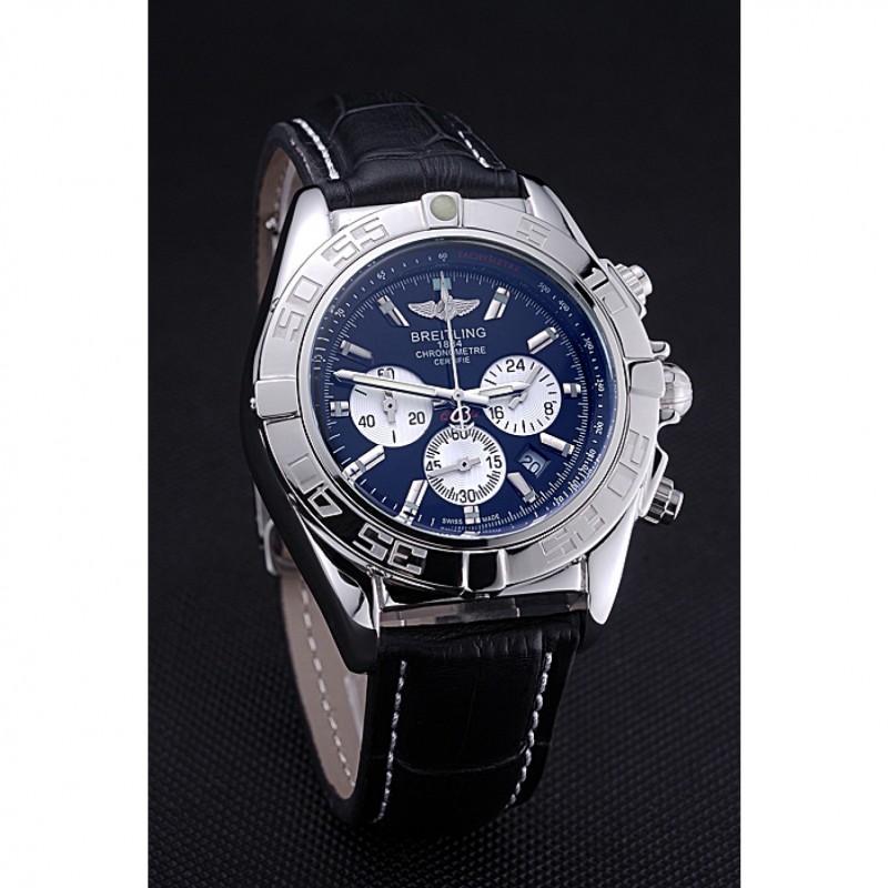 High Quality Breitling Chronomat 44 Black Dial with White Subdials Black Leather Bracelet 622511-2