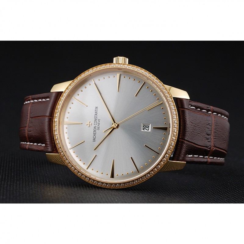 Swiss Vacheron Constantin Patrimony White Dial Gold Diamond Case Brown Leather Bracelet 1454180-3