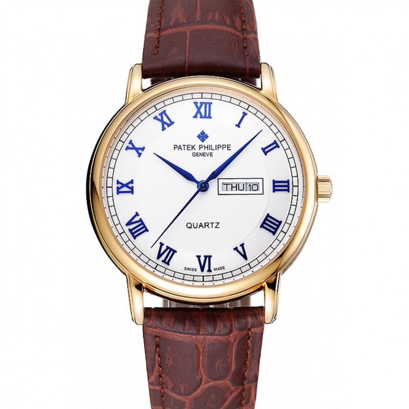Luxury Patek Philippe Calatrava White Dial Blue Roman Numerals Gold Case Brown Leather Bracelet 1454057-0